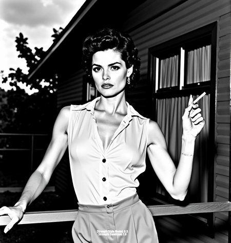 A high-contrast black and white photograph, inspired by Helmut Newton and Peter Lindbergh. A glamorous woman with short, curly hair, wearing a partially unbuttoned sheer button-down shirt tucked into high-waisted trousers. She leans against a railing, cigarette in hand, against a backdrop of cloudy skies, architectural details, and foliage. Shot from a slightly low angle with strong chiaroscuro lighting, creating deep shadows and a dramatic mood. Sharp focus on the foreground with a shallow depth of field. Evoke a timeless, sophisticated aesthetic, reminiscent of classic Hollywood glamour meets raw, unfiltered emotion. Limited grayscale palette, emphasizing texture and form, with a touch of Anton Corbijn's starkness and mood.<lora:_Flux\_Photographer\Helmut_Newton-000001.safetensors:0.8000000000000002:0.8000000000000002>