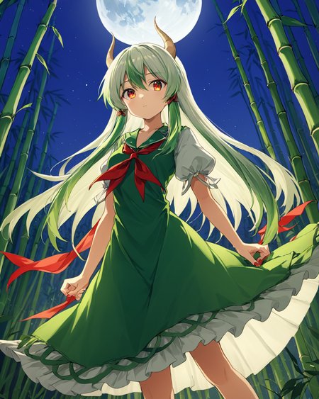 kamishirasawa keine,1girl, solo, sharp_fingernails, full_moon, bamboo_forest, night, tail, horn_ribbon, looking_at_viewer, red_neckerchief, green_dress, puffy_short_sleeves, long_fingernails, horn_bow, outdoors, sky, red_ribbon, dutch_angle, feet_out_of_frame
<lora:kamishirasawa_keine_image2095_2023-12-14-000010:1>,star-shaped_pupils,symbol-shaped_pupils,. gorgeous,key visual, vibrant, studio anime,award-winning, professional, highly detailed,high budget, cinemascope