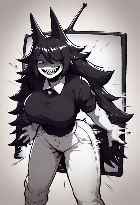 score_9, score_8_up, score_7_up, score_9,4k, HD, 8k, highres, antialiasing, texture, source_cartoon BREAK   <lora:misscircle:1> MisscircleSDXL, 1girl,black eye, solo, black hair,long hair, smile, sharp teeth, theet, looking at viewer, tall girl, large breasts, black shirt, animal ears, very long hair, hair over one eye, monochrome, greyscale, white pants, wolf ears, shaded face,smug,eyelid down,{ ass focus | hip view | from side | from below | from up | from behind | from above | POV } {|||| spread legs }, speed lines, motion blur,tv,stuck,upper body,