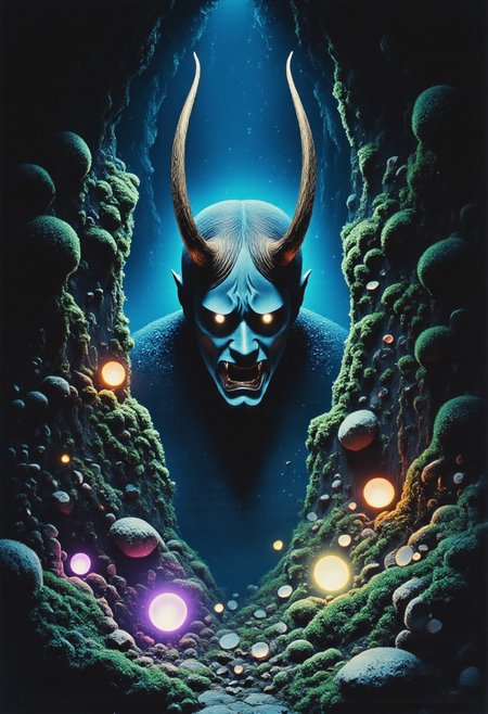Satyr ArsMovieStill, movie still from a 1970s horror movie Studio Ghibli Dark Fairytale depicting a cursed hannya mask with horns and fangs in an eerie dark forest amidst twisting vines and luminous purple mushrooms