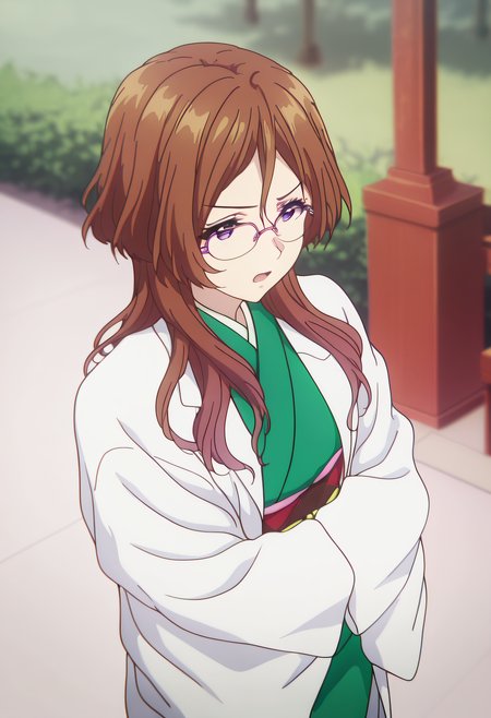 masterpiece, best quality, amazing quality, very aesthetic, absurdres,

1girl, solo, Arisu Himeno, brown hair, purple eyes, long hair, glasses, pink-framed eyewear, 

green kimono, japanese clothes, sash, obi, labcoat, 

Crossing arms, 

Open mouth , serious expression, 

anime coloring, 

dof, at park, 

kyoto animation,


