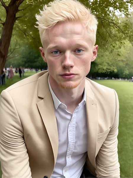 professional photograph, high resolution, 30yo drewsynthxl, portrait, solo, realistic, expressionless, albino,
face focus, profile,
in the park, overcast