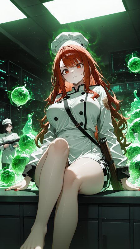 nail_polish, counter-enchantment development, blurry foreground, collateral containment planning, battlefield scrying pools, Hidden split hair, barefoot, 8K, Sitting with one leg crossed over the other., strategic magical warfare planning room, best quality, chef_jacket, arcane defense, spell deployment calculation tables, Gobo patterns (Stage Lighting), RTX, amazing quality, afternoon, Electric Emerald Theme, intelligence analysis stations, dreamcore, wolf_ears, long_nails, serious operational lighting, ultra-detailed, ambient occlusion, large breasts, motion_lines:1.1, Kosaki Onodera (Nisekoi), pale skin, absurdres, depth of field, chef_hat_(toque), slime_(creature), perky breasts, newest, large rifle, long hair, group, specialized unit coordination, very aesthetic, magic glowing aura, apron, Wavy hair, motion_blur:1.1, Extreme close-up face, Thick body, anime character, absolutely eye-catching, masterpiece, threat assessment documentation, chef_uniform, 1girl, checkered_pants