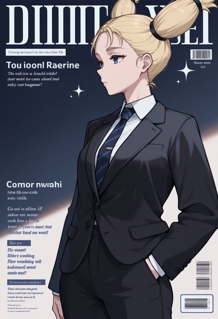 masterpiece, best quality, newest, magazine cover, sparkle, english text, barcode, solo, 1girl, nishi1miya, expressionless, looking away, standing, hand in pocket, long hair, blonde hair, twintails, blue eyes, black jacket, suit jacket, long sleeves, white shirt, collared shirt, diagonal-striped necktie, blue necktie, black pants
<segment:yolo-Anzhc Face seg 640 v2 y8n.pt,0.4,0.5//cid=1>