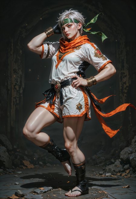 Highly detailed and dramatic digital artwork featuring a female character in a dynamic martial arts pose. The character is depicted with light skin and short, white hair, styled with a green and orange headband. The character's facial expression is intense, with a focus on the eyes and a determined look. They are wearing a white sports outfit with orange and black accents, including a short-sleeved top and shorts. The outfit is adorned with geometric patterns and a logo on the sleeve. The character is executing a high kick, with one leg extended towards the viewer, creating a sense of motion and energy. The background is a dark, textured gradient, enhancing the focus on the character. The overall style is vibrant and dynamic, capturing the essence of action and movement.