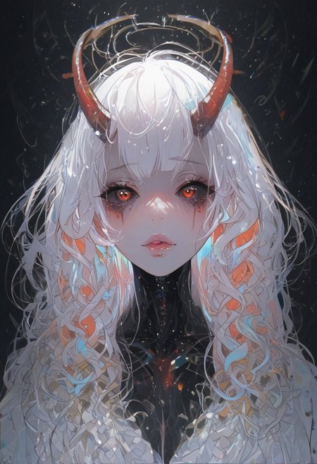 score_9, score_8_up, score_7_up, score_6_up, score_5_up, source_anime, Expressiveh, th3rm4l, colorful, thermal, s33thru, transparent, painterly, dynamic, cowboy shot, speedlines, movement, 1girl, demon, oni, blue and red wavy patterned skin, horns, halo, white make-up, eye shadows, eye lashes, black sclera, blusher, parted lips, thick lips, glossy lips. thick lips, bright pink lips, maid suit, full body, see-through body, transparent body, skeleton, translucent, mature, milf, gorgeous, voluptuous, alluring, teasing, glossy skin, wide hips, large breasts, close-up, face focus, cute face, portrait, <lora:pony/expressiveh:0.7>, <lora:add-detail-xl:2>, <lora:agm-artist-richy-v1_pdxl:1>, <lora:see_through_not_sticky:0.85>