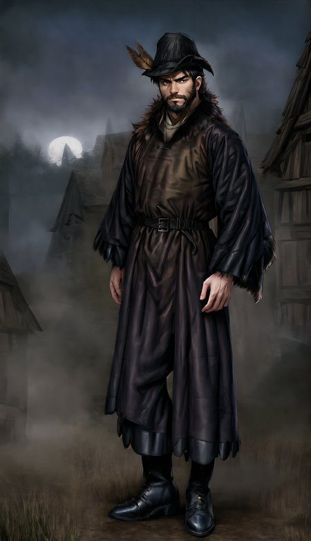 medieval, dark fantasy, spooky, dusk, (medieval village background:1.2),
straight-on, full body, male, strong, confident and relaxed pose, arrogant stare, (black eye color:0.7), brown eye color, black hair, short big nose, stubbed beard, rounded jaw, looking at viewer, arrogant, black hair, feathered hat, hat feather, (wearing medieval fur coat:1.5), medieval boots,
HD, very detailed,
<lora:more_details:1.0>,  <lora:Medieval_Headwear:1.0> mehe,  <lora:Darkness:0.6> darkness,  <lora:Bloodborne:0.3>