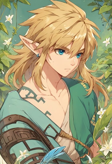 score_9, score_8_up, score_7_up, score_6_up, masterpiece, best quality, amazing quality, best aesthetic, intricate details, link, long hair, loose hair, blond hair, blue eyes, blue earrings, tattoos on the arm,mazjojo
