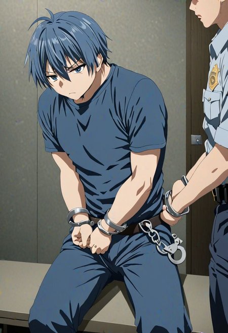 high resolution, solo, best quality, 1Boy, Tomoya Okazaki, Grey Blue Hair, arrested, restrained, struggling, handcuffs, interrogated, interrogation room, OverallDetail