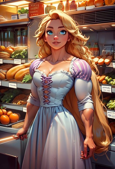 score_9, score_8_up, score_7_up, source_illustration; 1 girl, Rapunzel, muscular, jacked,  bodybuilder; long hair, blonde, blue eyes; bowsette dress; at the grocery store; grocery store fruits and vegetables in the background; detailed eyes,  intricate details,  colorful; rating_safe