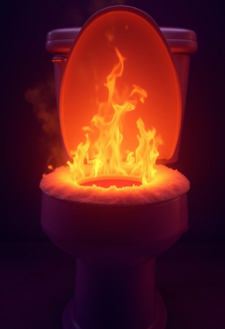 A toilet bowl completely engulfed in flames, inferno, blazing, concept art, masterpiece, perfect lighting, purple flames, 4k, absurdres,