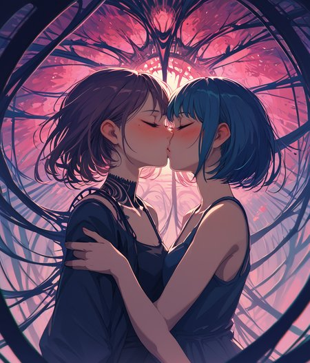 PDXL, <lora:BerryVerrineV1-PDXL:1>, b3rryv3rr1ne, 
2girls, closed eyes, blushing, kissing,
(surreal)