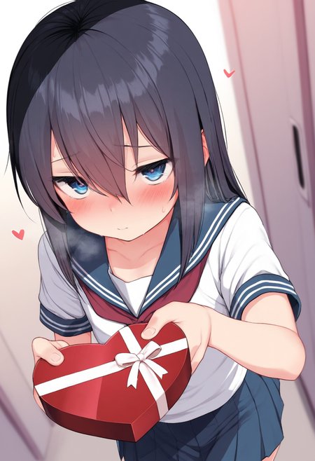masterpiece,best quality,amazing quality,

trap, hair between eyes, flat chest, heart-shaped box, holding, box, gift, valentine, incoming gift,  blush, serafuku, school uniform, white shirt, blue sailor collar, blue skirt, pleated skirt, short sleeves, neckerchief, red neckerchief,