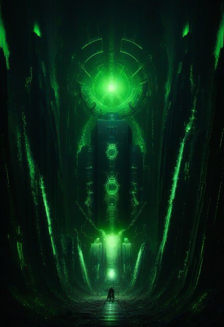 green sun, electricity, green glow, green theme, Necron, server room, chaos,