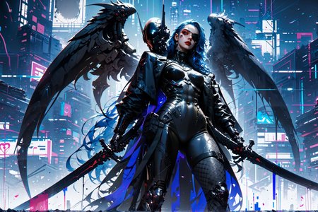 (score_9, score_8_up, score_7_up, thick lineart, sharp edges, cel shading, linear hatching, black and white comic-noir aesthetics, film noir atmosphere, high contrast, duotone, neon glitch art crimson and obsidian black), cyberpunk, grim, dark , full body, female, mature female, 1women, dark-skinned female, blue hair, left eyepatch, fishnets, bodysuit, armour, holding swords, cybernetic wings,
<lora:unholy:1>
