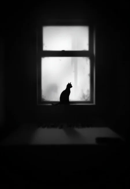 an illustration of a cat sitting on window sill in a dark, shadowy room, misty gray background, in the style of limbo
