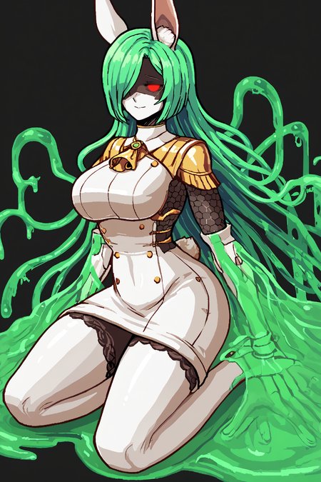 score_9, score_8_up, score_7_up, score_6_up, score_5_up, score_4_up, BREAK, source_anime, solo, 1girl, rating_safe, ((mature female)), ((long green flowing hair)), mechanical parts, ((plastic, polymer, metal body)), (big mechanical rabbit ears), mature female, (bunny ears), (animal ears), subdermal port, ((milf, mature female, big breasts)), hexagon lines in skin, naval uniform overcoat, naval uniform, white military uniform, dress_uniform, ribbons, ((red eyes)), bunny tail, rabbit tail, aiguillette, ((green hair)), ascot, ((Eye-level angle view medium Close shot (focus on knees), Sitting with hands in the lap )), pilot suit, shoulder cutout, bunny rabbit Tail, ((hair over one eye, )), digitigrade, clawed feet, minimal clothes, ((metal skin, shiny skin, vampire aesthetic, digital eyes, filled eyes, monochromatic eyes, glowing eyes, colored sclera, red sclera, mechanical eyes, partially shaded face, slit pupils, angular, minimal face, minimalism, narrow eyes, large eyes)), (anubis \(mythology\), anubis \(mythology\), ), <lora:Pony_DetailV2.0:1.5>, <lora:age_slider_v4:4>, ((dark, shaded, black background, horror, GREEN HAIR,)) <lora:ECHANIS:0.7>,  <lora:Valmardraws:1> by valmardraws, pixel art,  <lora:slime sex_pony_V1.0:1> slime sex, slime
