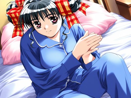 general,highres, ultra-detailed,very aesthetic,best quality ,best hands, BREAK <lora:Narusawa_Yui_Doukyuusei2_IS:1>
Narusawa_Yui(Doukyuusei2), 1girl, solo, black hair, double bun, hair ribbon, plaid ribbon, breasts, red eyes,
pillow, bed, sitting, smile, dutch angle, blue pajamas, blue hair,