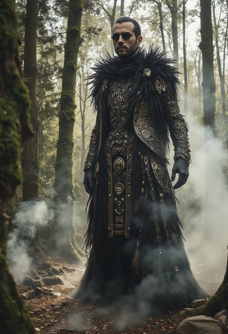 A photograph of a man standing in the middle of a forest, wearing a multi-layered outfit designed by Alexander McQueen. The lighting is lateral, casting dramatic shadows, and there is dry ice smoke close to the ground, enhancing the mystical atmosphere. The image should evoke the rich, ornate style of Dolce & Gabbana, with intricate patterns and textures that blend fashion with the enchanting natural surroundings. flashphoto, (Realistic:1.2). aidmaimageupgrader, aidmaMJ6.1, crystalz, Chiaroscuro Lighting Style, Covered in shadows , partially covered in shadows. Macrophoto, profesional photography