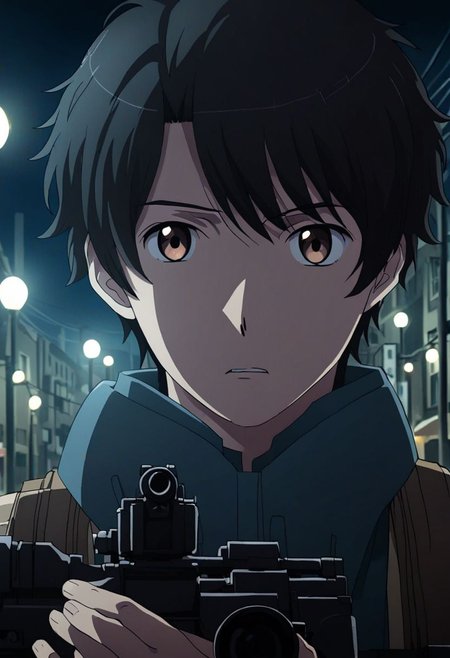 high resolution, solo, best quality, 1Boy, Inaho Kaizuka, Black Hair, Brown Eyes, potrait, midnight, dim street lights, mysterious, threatening, weapon, aiming the weapon to the viewer, OverallDetail