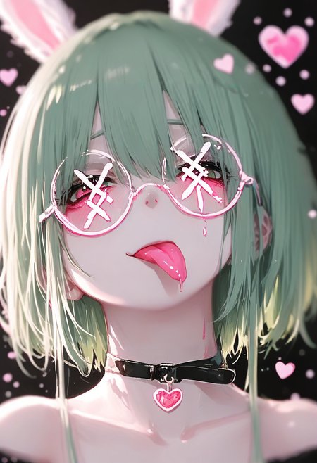 1girl, tongue out, tongue, solo, animal ears, rabbit ears, choker, glasses, round eyewear, green hair, short hair, looking at viewer, hair between eyes, portrait, heart, blurry, bangs, :p, black choker <lora:748cmXL_NBVP1_lokr_V6311P:0.95>