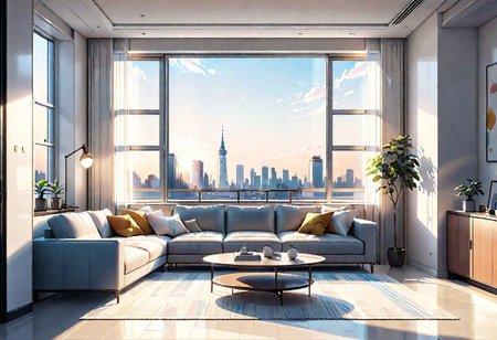 ((front view)), Shallow scene, ((animation style)), modern-style interior, with white walls, (large windows), a  study, Sofa, single wall, 
warm light morning sun, ((City high-rise building scenery)), (clear sky)