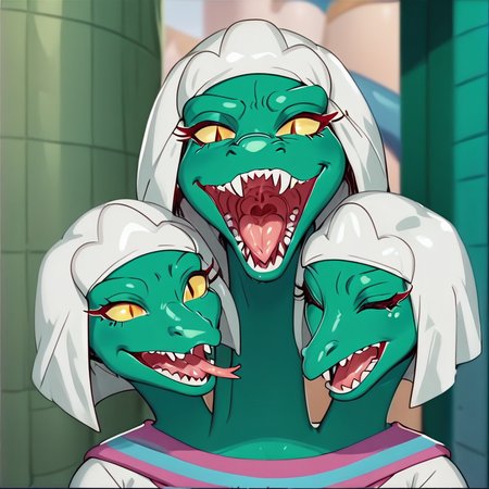 score_9,score_8,score_7,score_6up, trinoga, hydra girl, alien, alien girl, trinoga_muttabar, female, 1girl, generated, open mouth, yellow sclera, 3girls, colored sclera, smile, sharp teeth, teeth, yellow eyes, tongue, colored skin, closed eyes, looking at viewer, shirt, multiple girls, monster girl, forked tongue, slit pupils, tongue out, white shirt, green skin, white hair, official art, official style