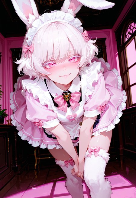 anime, best quality, dynamic pose, expressive, dynamic pose, dynamic angle, volumetric lighting, cinematic lighting, absurdres,
BREAK 
,
1girl, pixie cut, short hair, white hair, wavy hair, white eyelashes, fluffy hair, withe skin, beautiful pink eyes, little, cute, fluffy outfit, Wererabbit, animal legs, thighhigh fur, rabbit ears, fluffy, (handsome, bishounen, masculine),
BREAK 
,
indoors, pink ballroom, pink background, cute, blushing, shy, detailed, beautiful, masterpiece, high quality, adorable, shy smile, maid, maid headdress, apron, pink dress, frills, short sleeves, pink bow, mori_calliope