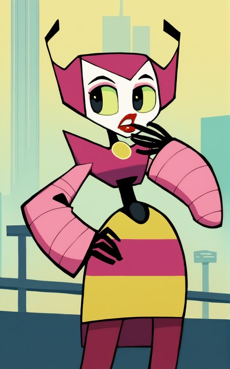 score_9, score_8_up, score_7_up,((best quality)), absurdres, <lora:BolivanteStyle:0.8>,  <lora:VPXL-03:0.8>,VPXL, robot, pink hair, white skin, striped skirt, long sleeves, pink sleeves, skirt,  lipstick, green sclera, pink pantyhose, pantyhose,makeup, black eyes,futuristic, city, confused, hand in hip hand in mouth, park