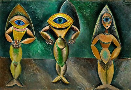 p1c4ss0, seraphins, mystical creature with hundreds of eyes and wings, roswell alien with yellow christmas hat delivering presents with santa riding a ufo sleigh, 1908 Trois femmes