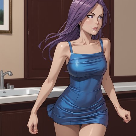 <lora:VampbladePurple_pony_v1:1>KatiePurple, 1girl, purple hair, long hair,  medium breasts, cowboy shot,  <lora:0878 Laser nightclub skirt_v1_pony:1> ruanyi0878,blue dress,short skirt, skirt,