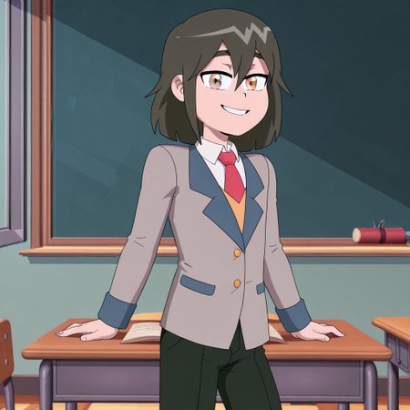 SlimeBoy, medium hair,grey eyes,school uniform,1boy, classroom, looking at viewer, smile,cowboy shot