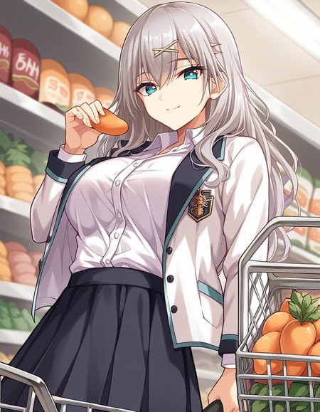 score_9, score_8_up, score_7_up, source_anime, <lora:aina-leminen-ingame-ponyxl-lora-nochekaiser:1>, aina leminen, long hair, bangs, blue eyes, large breasts, hair ornament, hair between eyes, hairclip, x hair ornament, grey hair,, skirt, shirt, long sleeves, school uniform, jacket, white shirt, pleated skirt, open clothes, miniskirt, black skirt, open jacket, dress shirt, white jacket,, grocery store, shopping cart, picking fruits, everyday life, , smile, from below, looking at viewer, solo,, dutch angle, cowboy shot