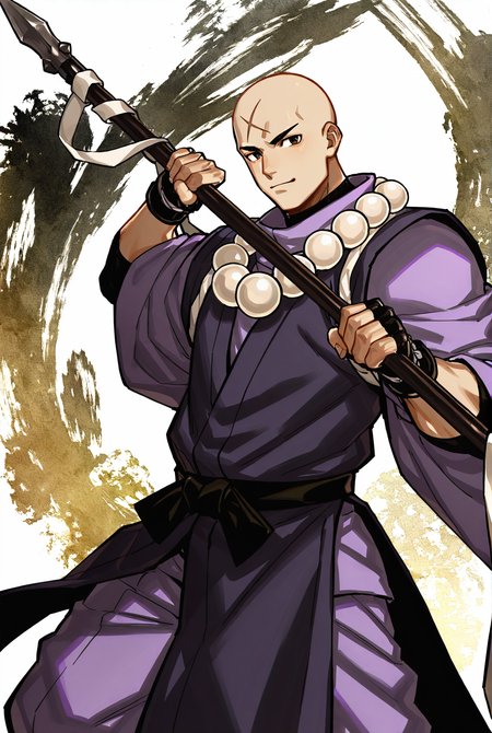 score_9,score_8_up,score_7_up,male focus,ultra-detailed,high resolution,digital painting,8k,1boy,solo,cowboy shot,bara,male focus,detailed face,bald,monk,beads,jewelry,necklace,japanese clothes,prayer beads,scar,scar on face,fingerless gloves,weapon,polearm,looking at viewer,<lora:add-detail-xl:1>,<lora:FGO Hozoin Inshun:0.7>,fgo hozoin inshun,<lora:League_of_Legends__illustrious-XL:0.5>,