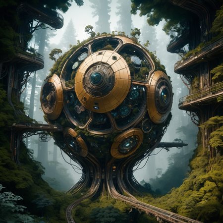 Biomorphic stunning abondend space station ruin in forest biomechanical interface maximalist perfect illustration, digital painting art, scifi, futuristic, utopian, machine parts, body parts, wires, circuits, highly detailed, floral, octane render, cinematic, aerial look from above, hauntingly surreal, highly detailed and intricate, rich deep colors, intricate artwork masterpiece, ominous, matte painting movie poster, golden ratio, intricate, epic, artistic masterwork by head of prompt engineering  <lora:xl_more_art-full_v1:0.5> <lora:add-detail-xl:2>