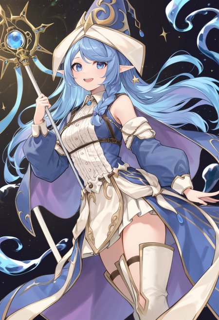(score_9:0.9),score_8_up,score_7_up,anime style,rating_safe,(zPDXL),<lora:Water Enchantress of the temple ponyXL v1:0.74>,Water Enchantress of the temple,blue witch hat,witch dress,blue detached sleeves,white thigh boots,1girl,solo,staff,holding staff,holding,smile,open mouth,