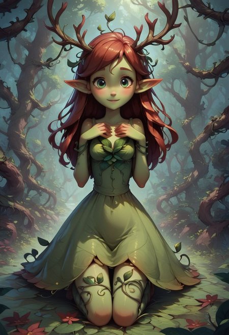 score_9, score_8_up, score_7_up, 1girl, dryad, cute, adorable, antlers, leaf sundress, kneeling, pointed ears, green eyes, looking at viewer, trees, forest, branch, leaf, vines, overgrowth, wrapped in vines, monster girl