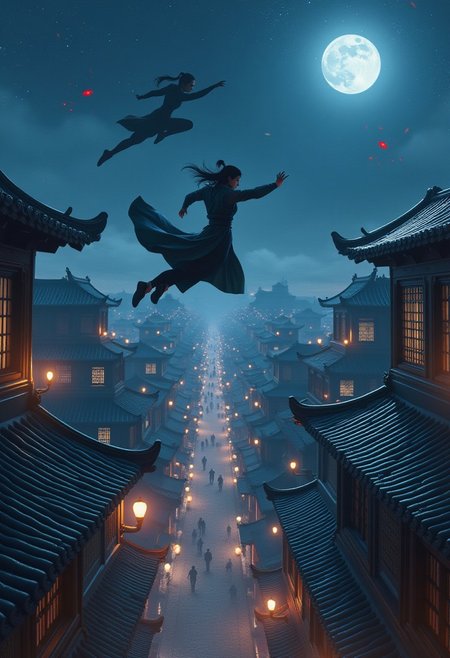 wuxia,
Nighttime rooftop chase scene with agile warriors leaping between traditional Chinese buildings, tiled roofs gleaming in moonlight, lanterns casting warm glows, dynamic poses showing mid-leap actions, billowing clothes, city sprawl visible in background, star-filled sky, motion lines to indicate speed, high contrast night photography style