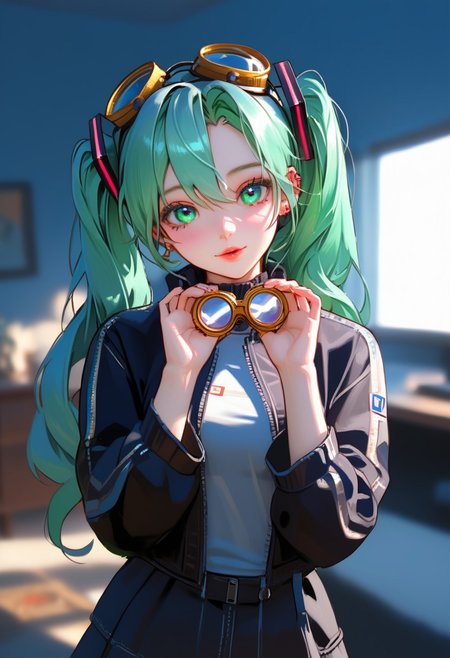 <lora:cr33pp41ntXLP:1> score_9, score_8_up, Television advertisement Hollywood Cinematic Film style, score_9, score_8_up, score_7_up, best quality, high definition, vivid lighting, perfect details, source_anime, depth of field, sketch, sharp focus, soft lighting, hdr, good composition, spectacular, <lora:wanostyle_2_offset:1>, volumetric lighting, bloom, gaussian blur, absurd, absurdres, raytracing, 3>lora in weight of: 1.5 + detailed eyes, detailed face,  Castlevania_Style, Castlevania Style, partially illuminated, <lora:DetailMaximizer:1> <lora:SDXLFaeTastic2400:1> Faetastic <lora:TheWeirdies_V2:0.9> theW3iRDi3Sv2, OverallDetail
BREAK
Solo, female, (hatsune miku), short, pretty eyes, perfect face, oooh, curious expression, wearing goggles, thick goggles, bedroom eyes, cyber Dystopian, shadowrun, Enigmatic girl draped in shadows, wearing a detailed, black, polyester jacket, punk jacket, twin tails, green hair, Partially obscured face, revealing only piercing eyes adorned with kohl.arcane energy aura, sexy body, side view, cowboy shot,  masterpiece, ultra-detailed, semi-realistic, hands up, holding goggles, hands in front of eyes,