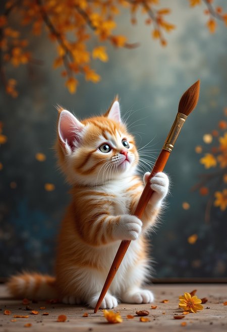 A fluffy kitten playing with a paint brush, behind the kitten is an oil painting masterpiece from the paint brush