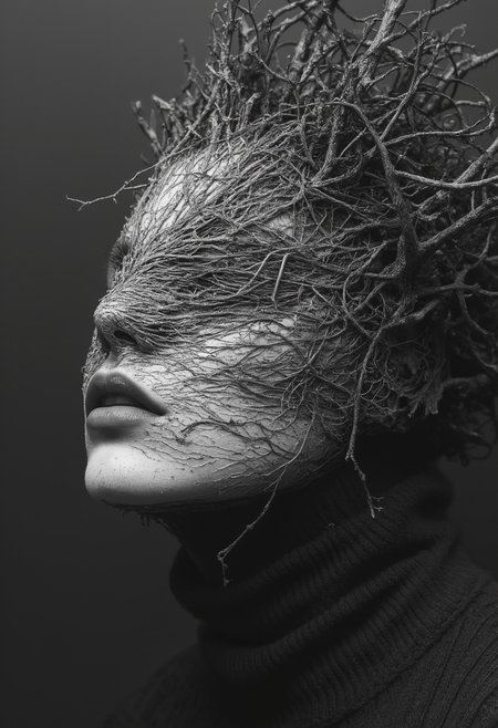 This is a high-resolution, black-and-white photograph of a person with their face partially obscured by a mass of tangled, root-like branches. The branches, which appear to be dry and weathered, cover the person's forehead, nose, and part of the mouth, creating a surreal and haunting effect. The person's lips are slightly parted, and their eyes are not visible due to the branches. The texture of the branches is rough and uneven, contrasting starkly with the smooth, almost porcelain-like skin of the person's face. The person is wearing a high-necked, long-sleeved garment that appears to be made of a thick, ribbed fabric, adding to the overall dramatic and eerie atmosphere of the image. The background is completely dark, making the person and the branches the focal point. The lighting is soft yet directional, highlighting the textures and shadows of the branches and the person's face. The photograph is highly stylized, combining elements of nature and human form in a striking and thought-provoking manner.