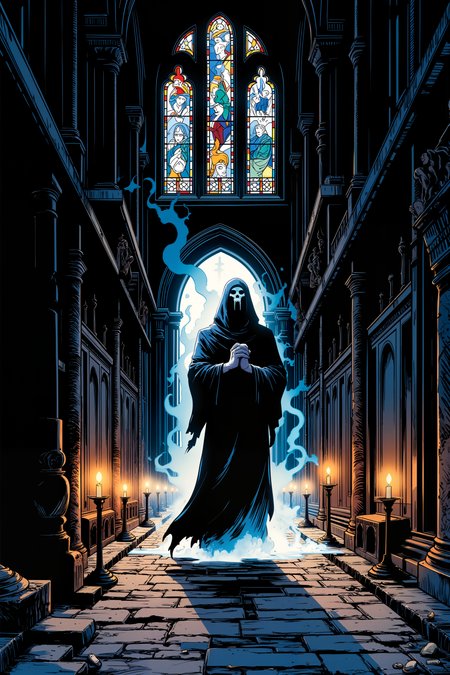 Deep within the labyrinthine halls of an ancient cathedral, a ghostly monk with hollow, sunken eyes and pale, ethereal skin drifts silently through the vast, empty corridors. His tattered robes flutter weightlessly around him, glowing faintly in the dim candlelight that flickers from forgotten alcoves and shadowy corners.  The air is heavy with the scent of burning incense and old stone, and the soft sound of distant chanting echoes faintly through the vaulted ceilings, as though the ghostly prayers of the long-dead monks still linger in the shadows. The monkâs hands are clasped together in a silent prayer, and his translucent form flickers as he moves, as though he is caught between the physical world and the spirit realm. Above him, the stained-glass windows glow faintly with the last light of the setting sun, casting colorful, fragmented beams of light across the cold stone floor. The scene is one of solemn reverence, where the boundary between life and death feels thin, and the ghostly presence of the monk adds to the cathedralâs timeless, haunted grandeur. , detailed background  Fantastic lighting. Detailed shadows.intricate details, vivid colors, hyper-detailed, ultra-sharp,meiman_style,This is a retro comic book style digital illustration,  <lora:å¤å¤ç¾æ¼«v2:0.4><lora:Vintage comic book:0.4><lora:RetroAnimeFluxV1:0.15><lora:Greg_Capullo_style:0.4><lora:jeanClaude_Mzires_Style_FLUX-000001:0.4><lora:Flux_Ink_Anime:0.4>