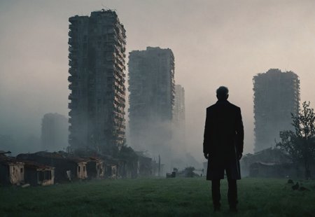 epic but calm scenery, Chiaroscuro Lighting Style, (cinematic particles in the foreground), embedding:urn:air:sdxl:embedding:civitai:98259@539032, (smart depth of field), futuristic high-rise along with the old houses, spacious, foggy morning, lawn in the middle, The person's silhouette is in the distance, 