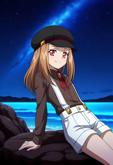 masterpiece,best quality,amazing quality,

solo,

Noa Hoshizaki (Cardfight Vanguard), long hair, brown hair,

red eyes, cabbie hat, black headwear, brown shirt, collared shirt, neck ribbon, red ribbon, long sleeves, white shorts, suspenders, suspender shorts,

looking at viewer, smile, 

lying, Leaning back, on rock,

cinematic, 

bloom, night, at beach, starry sky, galaxy sky, glowing blue ocean waves,  blue light, 

Official style, anime screencap, anime coloring, 
















