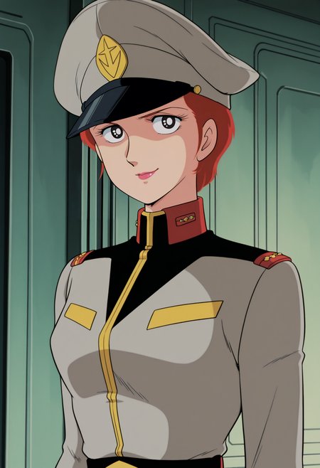 1girl,solo,mm,mature female,red hair,short hair,black eyes,lipstick,retro artstyle,anime coloring,
uniform,military uniform,hat,peaked cap,upper body, looking at viewer, smile,indoors
,masterpiece,best quality,amazing quality,<lora:Matilda_Ajan-Mobile_Suit_Gundam-1979:0.8>