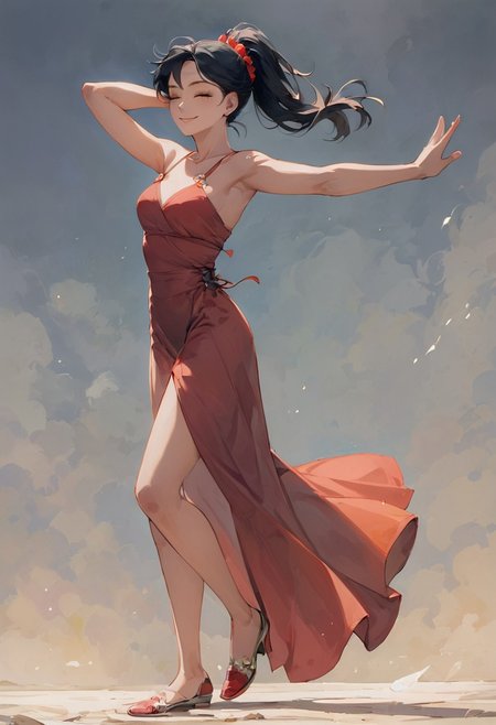 score_9, score_8_up, score_8, high detail, perfect eyes, ExpressiveH, summer, a woman dancing in the middle of a small town square 
BREAK, 1girl, 28 year old girl, cute, sexy freckles, eyes closed, medium round breasts, short wavy black hair, black hair, ponytail, brown eyes, suggestive smile, (red hair tie:0.5), red flamenco dress with white ornament, dancing shoes 
BREAK, full body shot,