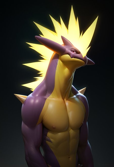(two toned), (Male), toxtricity, pokemon, Tox_amped, purple and yellow skin, yellow spikes, spikes,
standing, 
solo, black background, 
(realistic, HD, good shadows, score_9, score_8_up, score_7_up),