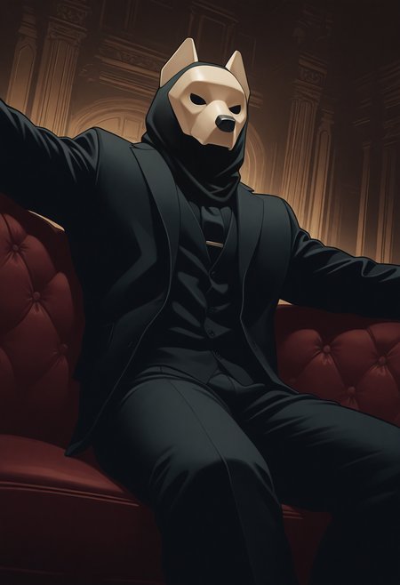 solo, male focus, 1boy, al3ks1s, mask, black suit, black shirt, black necktie, mansion, indoors, dutch angle, looking at viewer, outstretched arms, sitting, no outline,
perfect anatomy, masterpiece, perfect quality, best quality, amazing quality, detailed, newest, very aesthetic
