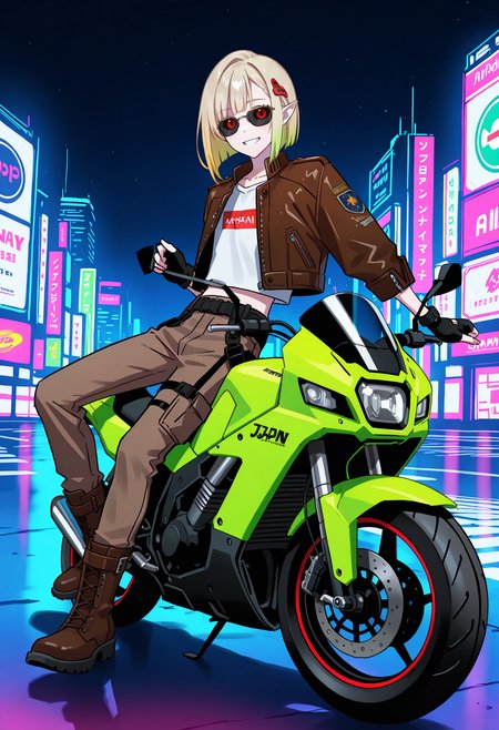 lineart, sketch,
solo,
1boy, trap, pointed ears, small eyes, black sclera, red eyes, bob hair, ((blonde hair), green hair, gradient hair), skinny, smile, happy,
hair ornament, brown military pants, white t-shirt, crop leather jacket, boots, (sunglasses), fingerless gloves, good hands,
night, japan city, cyberpunk,
sitting on motorcycle, suzuki, green motorcycle,
<lora:hamafuguIL-style:1>,hamafugustyle,