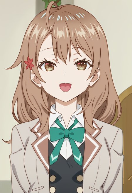 score_9, score_8_up, score_7_up, source_anime, source_anime, detailed background, anime screencap, detailed face, detailed eyes, 
 <lora:Maria_Mikhailovna_Kujou:1>1girl, solo, Maria school uniform outfit, Maria Mikhailovna Kujou,
looking at the viewer, happy girl, mouth open, big smile, (cowboy shot)